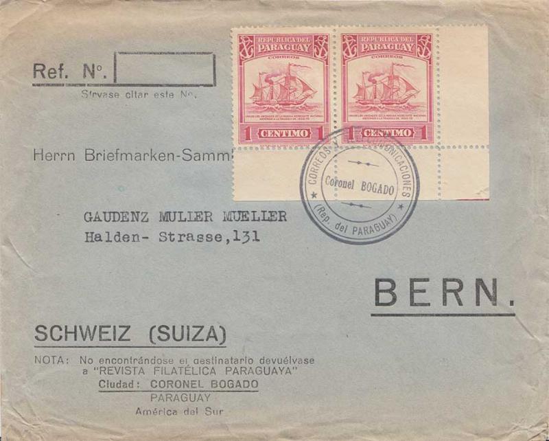 Paraguay 1c Early Merchant Ship (2) c1946 Correos y Communicaciones Coronel B...