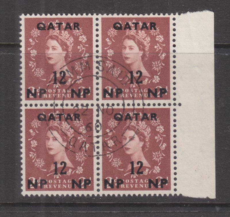 QATAR, 1960 QE Multiple Crown watermark, 12np. on 2d., marginal block 4, used.