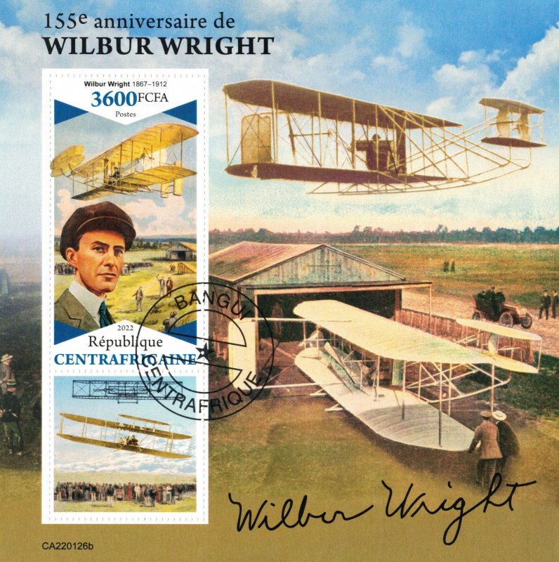 CENTRAL AFRICA 2022 - Wilbur Wright anniv. /complete set- sheet+block (2 scans)