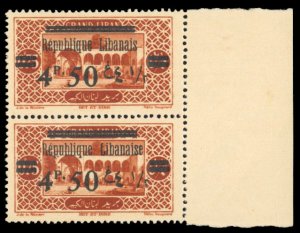 Lebanon #82 (YT 91ca) Cat&euro35++, 1927 4.50p on .75p, top stamp without the...