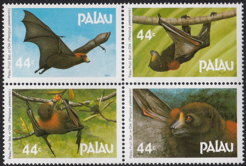 Palau 1987 MNH Sc 125a Block of 4 44c Fruit bats