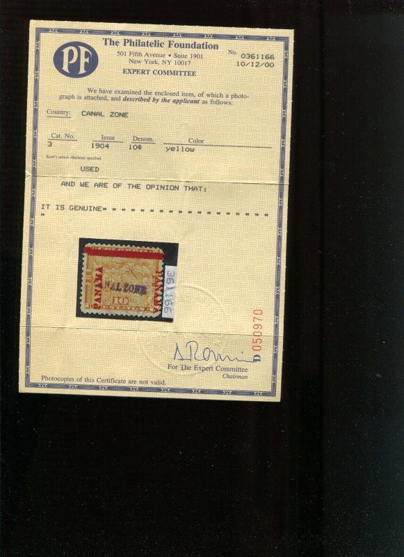 Canal Zone 3 Overprint Used Stamp with PF Cert BZ1436