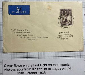 1936 Lagos Nigeria First Flight Airmail Cover FFC To Southampton England