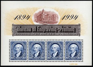 U.S. #2875 $2 MNH Souvenir Sheet with 4 stamps (Bureau of Engraving & Printing)