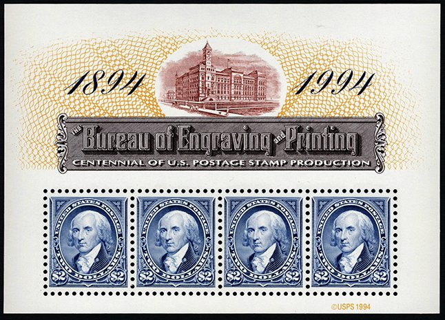 U.S. #2875 $2 MNH Souvenir Sheet with 4 stamps (Bureau of Engraving & Printing)