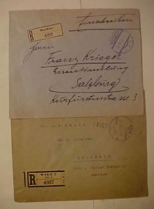 AUSTRIA  REGISTERED  COVERS WITH 10 or MORE STAMPS 1921 TO USA ,1922 TO SALZBERZ 