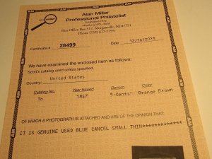 US Stamp, Scott #1b 1847 5c Franklin Used Orange Brown w/Certificate SCV $825.00