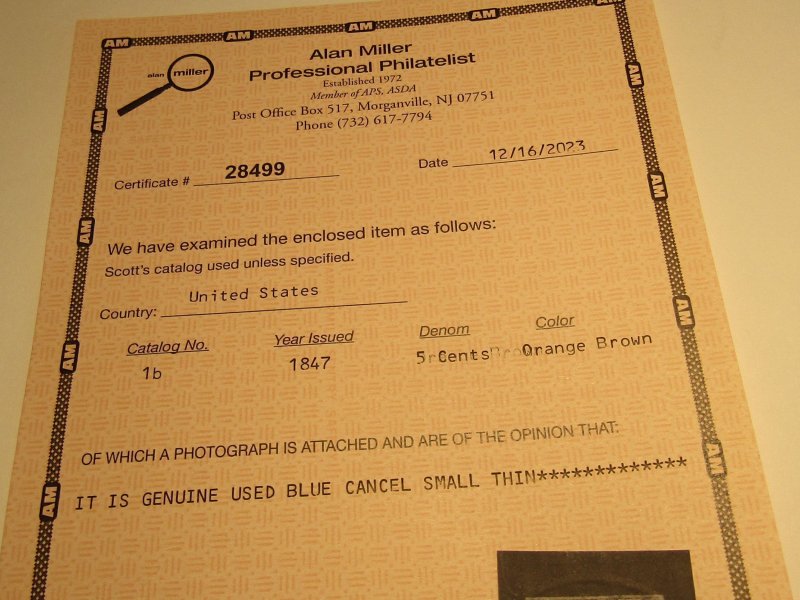 US Stamp, Scott #1b 1847 5c Franklin Used Orange Brown w/Certificate SCV $825.00