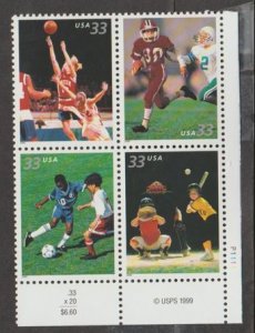 U.S. Scott #3399-3402 Youth Team Sports Stamp - Mint NH Plate Block