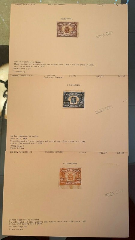 26 PANAMA 1917 & BEYOND REVENUE PROOF INDEX COPY CARDS W/ MASTERS EX ABNC