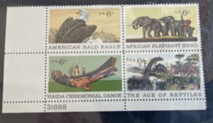 US 1970 The Age Of Pre-Histiric Animals #1387-90 plt blkof 4 mint