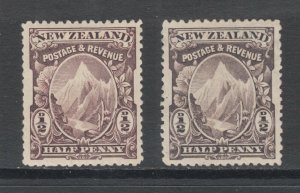 New Zealand Sc 70a, 70b MLH. 1898 ½p purple brown & purple black Mt. Cook