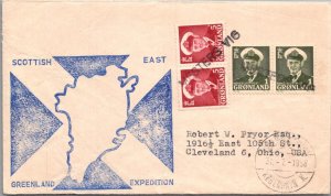 SCHALLSTAMPS GREENLAND 1958 CACHET COVER SCOTTISH EXPEDITION ADDR USA CANC