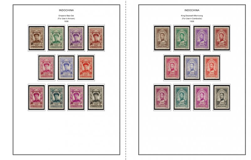 COLOR PRINTED INDOCHINA 1889-1949 STAMP ALBUM PAGES (35 illustrated pages)