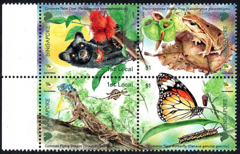 Singapore 1234, MNH. Care for Nature. Palm civet, Flying dragon, Frog, 2006