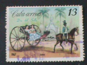 ​CUBA-1967-SC#1219-STAMP DAY-CARRIAGE-FANCY CANCEL--VF 58 YEARS OLD-KEE STAMP
