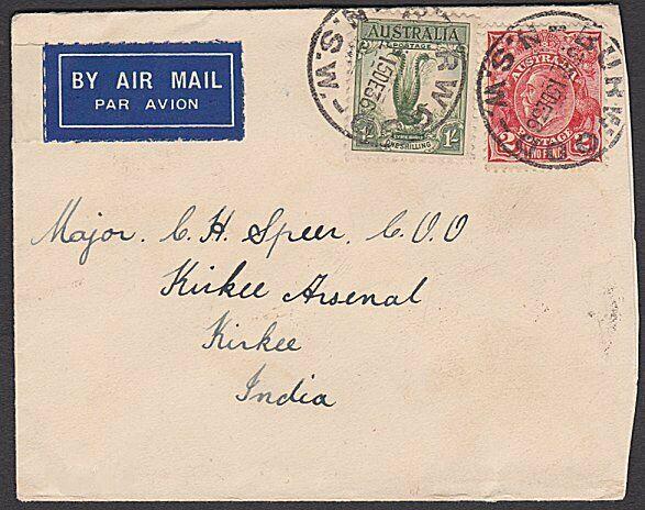 AUSTRALIA 1936 Airmail cover to India 1/2d rate inc. 1/- Lyre Bird.........57295