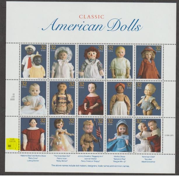 U.S. Scott #3151 American Dolls - Highlighted LL Plate - Mint NH Sheet