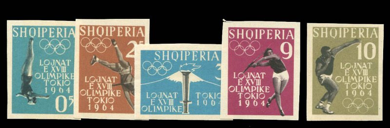 Albania #616-620 Cat$50, 1962 Tokyo Olympics, imperf. set, never hinged