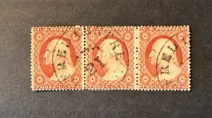 US Stamp #26, nice used strip of 3 with lovely cancels, great centering. CV $42