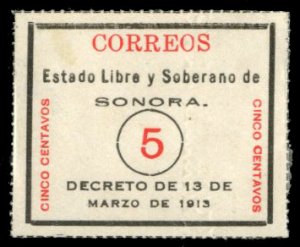 Mexico #329 Cat$300, 1913 5c black and red, unused without gum as issued, wit...