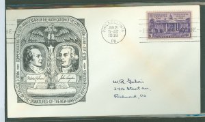 US 835 1938 3c Ratification Of The U S Constitution Single On An Addressed FDC Wtih An Historic Arts Cachet