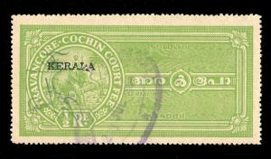 INDIA - TRAVANCORE-COCHIN Revenue Stamp +KERALA O/P R.1/2 Green x4 used examples