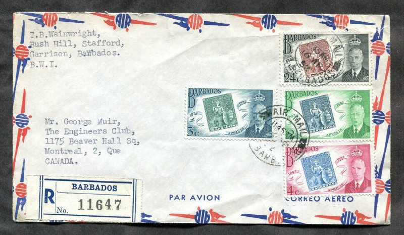 p826 - BARBADOS 1952 Registered Cover to Canada