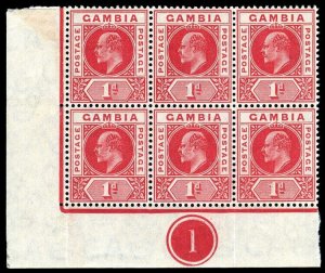Gambia 1909 KEVII 1d red in a SW corner Plate 1 block of six VFM/MNH. SG 73.