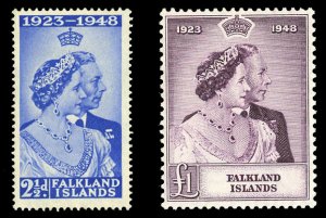 Falkland Islands #99-100 Cat$112, 1948 Silver Wedding, set of two, never hinged