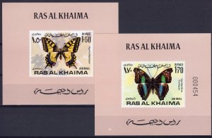 Ras al-Khaima 1972 Mi#614B/619B  BUTTERFLIES 6 Deluxe S/S Figurate perforation