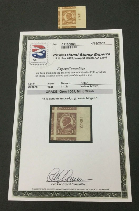 MOMEN: US #576 MINT OG NH POST OFFICE FRESH **PSE GRADED CERT GEM-100J** #30935