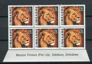 RHODESIA; 1980 Zimbabwe Wildlife issue Lion MINT Inscription MARGIN BLOCK