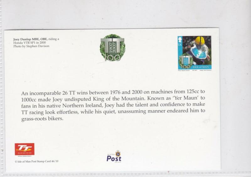 Isle of Man TT 100 Years Centenary Joey Dunlop MBE OBE Post Stamps Card  R 16768