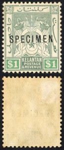 Kelantan SG9s One Dollar Green and Emerald Opt SPECIMEN M/M