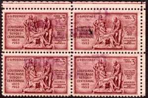 1953, US 3c, Louisiana Purchase Sesquicentennial Issue, Used block of 4, Sc 1020