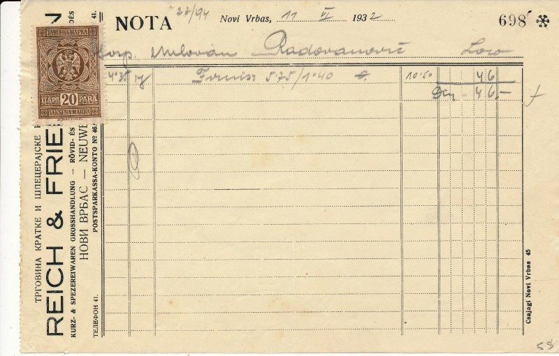 SERBIA 1932 NICE CLEAN INVOICE WITH 20 PARA TAX STAMP