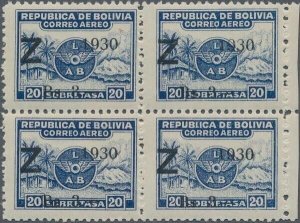 MOMEN: BOLIVIA SC #C25 1930 AIRMAIL ZEPPELIN BLOCK MINT OG NH LOT #67491-1*