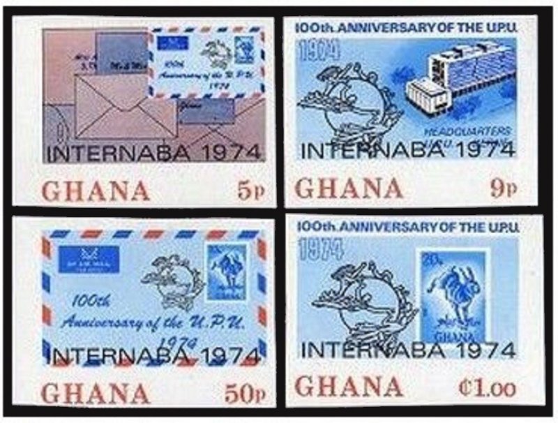 Ghana 521-524, 524A imperf,MNH. UPU-100. INTERNABA 1974. Cape hare, Headquarters