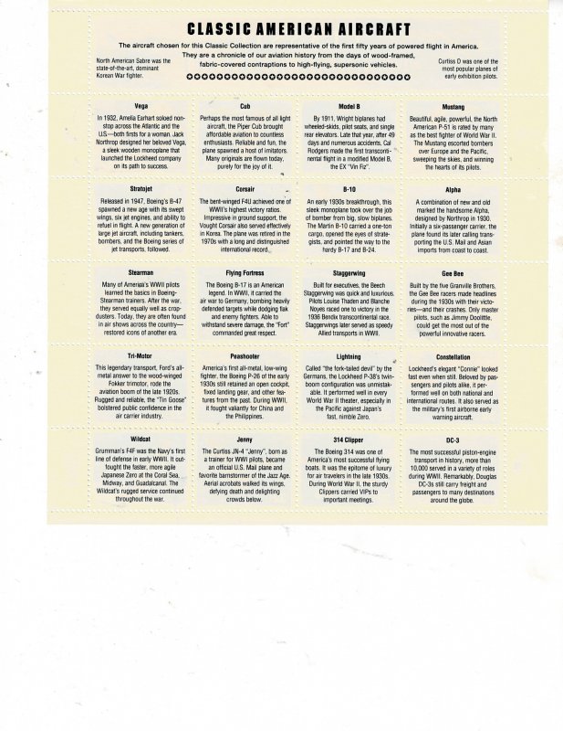 Classic American Aircraft 32c US Postage Sheet #3142 VF MNH