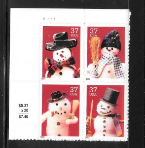 #3676-3679 MNH Plate Block Christmas Snowman