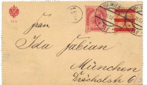 AUSTRIA 1907 6H ORNG OVPT RED BAR & UPRATED TO 10H REPLY FRONT CARD TO MUNCHEN R