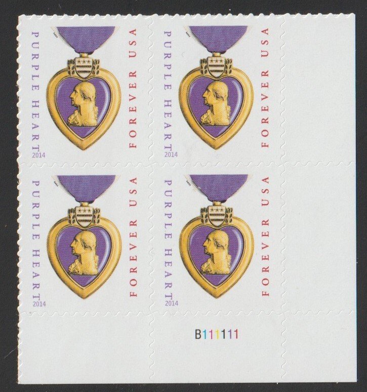 SC# 5035 - (49c) - Purple Heart, w/micro 'USPS' - MNH plate block/4 LR # B111111