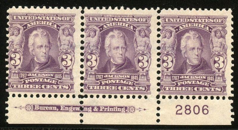 UNITED STATES 3C JACKSON PLATE STRIP OF 3  SCOTT#302  MINT NEVER  HINGED