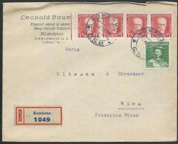 CZECHOSLOVAKIA 1932 REGISTERED cover Komarno to Vienna.....................61552