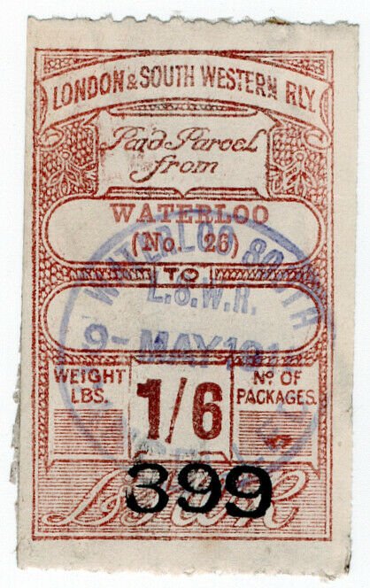 (I.B) London & South Western Railway : Paid Parcel 1/6d (Waterloo)