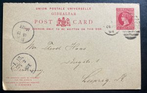 1894 Gibraltar Postal Stationery Reply Postcard cover To Leipzig Germany