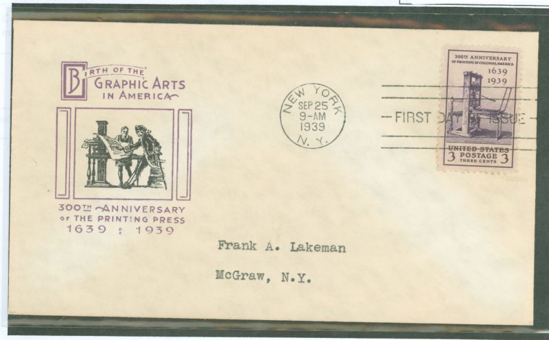 US 857 1939 3c 300th Anniversary of the First Printing Press in America with an addressed, typed, FDC with an Ioor Cachet