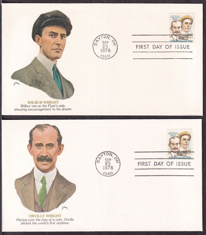 1978 Wright Brothers Sc C91 airmail 31c Fleetwood cachets set of 2 FDCs
