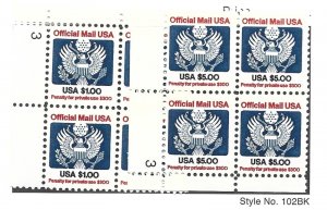 United States Scott o132-o133 $1 and $5 Official Plate Blocks Mint NH cv $55